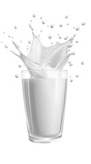 Poster - Glass of milk with splashing crown on clear backdrop, ideal for advertising and packaging needs