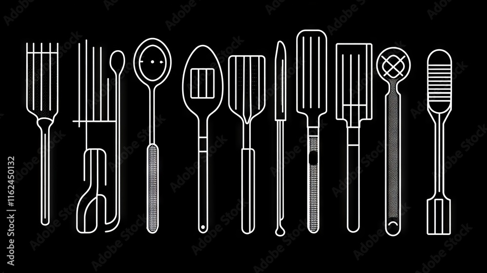 Culinary instruments black outline collection, simplified BBQ utensils ...