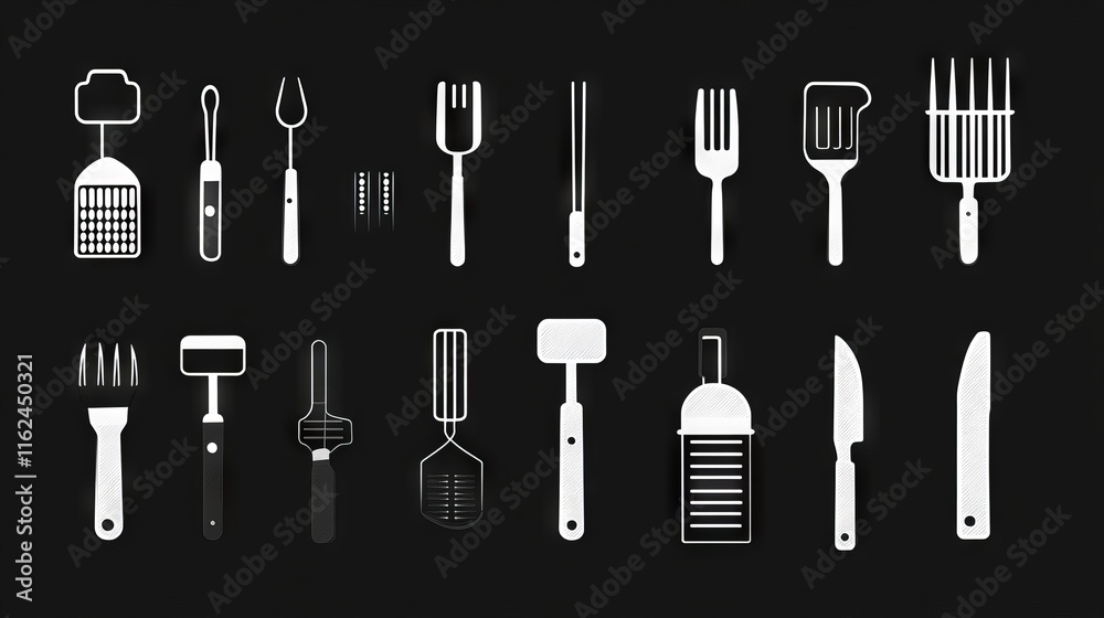 Essential grilling implements icons, sleek barbecue tool designs ...