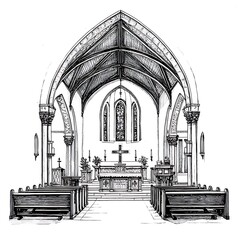 Wall Mural - Ink Drawing of a Church Interior Showing Pews, Altar, and Gothic Architecture.