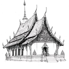 Wall Mural - Ink Drawing of a Traditional Thai Temple with Intricate Roofline and Architectural Details.