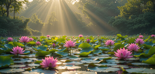 Poster - Soft rays of morning sunlight filter through trees, casting a warm glow over a peaceful pond dotted with vibrant pink lotus flowers among green lily pads