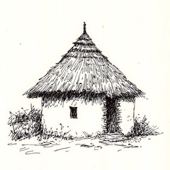 Wall Mural - Ink Sketch of a Traditional Thatched-Roof Hut in Rural Setting.