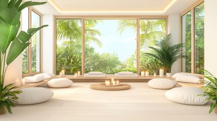 Wall Mural - Serene indoor space with natural light, plants, and cushions for relaxation and meditation.