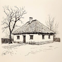 Wall Mural - Ink Drawing of a Traditional Thatched-Roof House in a Rural Setting.