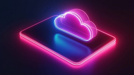 Poster - neon cloud icon on smartphone display with glowing effects in dark background