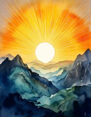 Wall Mural - Illustration of a glowing sun emerging behind watercolor mountains, symbolizing renewal with empty copy space