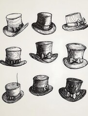 Wall Mural - Collection of Nine Hand-Drawn Top Hats and Bowler Hats in Ink.