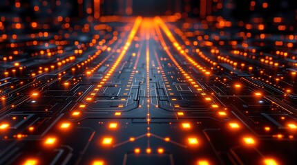 Poster - Futuristic Circuit Board with Glowing Orange Lights Symbolizing Advanced Technology in a High-Tech Digital Environment