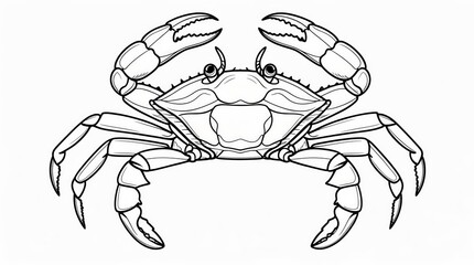 A detailed black and white line drawing of a crab with prominent claws and segmented legs