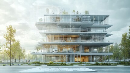 Poster - Modern multi-level building with greenery and glass design.