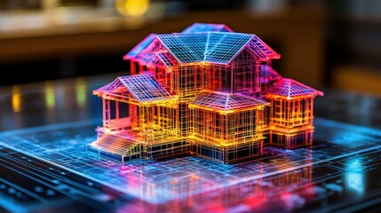 Poster - 3D holographic model of a modern house design.