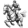 © NatthaphonSiri - A dynamic ink drawing of an equestrian jumping a hurdle, showcasing the rider's skill and the horse's power.