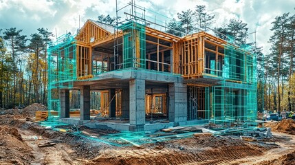 Poster - Construction site of a modern building in progress.