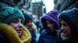 © Bay - In a bustling city street at dusk, close-up portraits capture the expressions of diverse individuals bundled in cozy winter attire, sharing a moment of connection