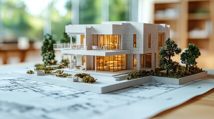 Poster - Architectural model of a modern house with blueprints.
