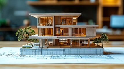 Poster - Architectural model of a modern house on blueprints.