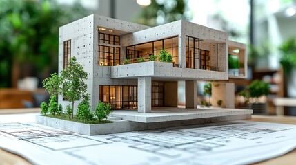 Poster - Modern architectural model on blueprints in a bright space.