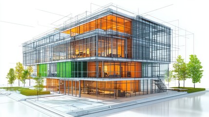 Poster - Modern architectural design with glass and greenery.