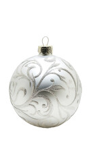 Aufkleber - Shimmering silver Christmas ornament reflecting light, suspended against clean white backdrop, highlighting holiday decorative elegance