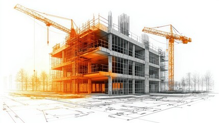Poster - Construction site with cranes and building framework.