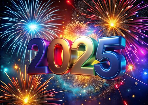 Happy New year with numbers 2025 with sparkling confetti particles scattered around and firework, City background