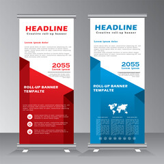 Wall Mural - Modern roll up banner templates for sales promotions or other types events, such as promo expos, trade shows, exhibition, conferences, and workshops, Vector banner with red and blue colour.