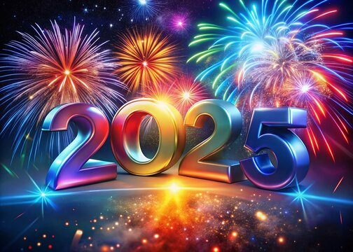 Happy New year with numbers 2025 with sparkling confetti particles scattered around and firework, City background