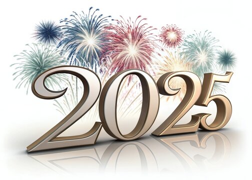 Happy New year with numbers 2025 with sparkling confetti particles scattered around and firework, City background