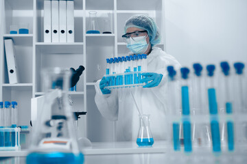 Aufkleber - In a modern lab, a dedicated scientist is conducting experiments and analyzing samples to understand bacteria and biotechnology, all while wearing gloves and following strict safety protocols