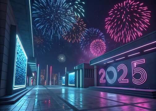 Happy New year with numbers 2025 with sparkling confetti particles scattered around and firework, City background