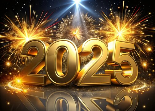 Happy New year with numbers 2025 with sparkling confetti particles scattered around and firework, City background