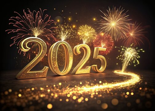 Happy New year with numbers 2025 with sparkling confetti particles scattered around and firework, City background