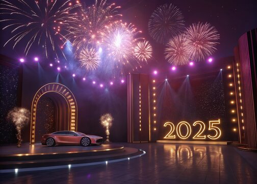 Happy New year with numbers 2025 with sparkling confetti particles scattered around and firework, City background