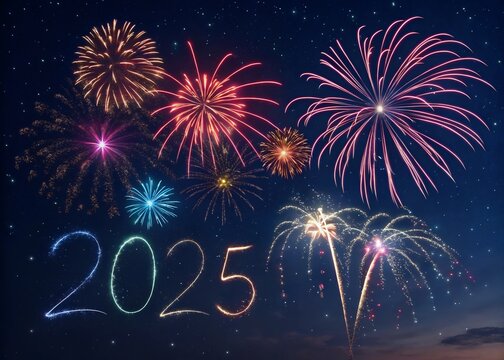 Happy New year with numbers 2025 with sparkling confetti particles scattered around and firework, City background