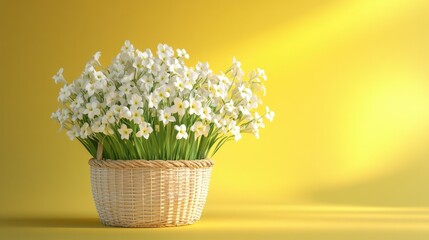 Wall Mural - 3D-rendered basket of elegant white flowers on a cheerful yellow background, perfect for seasonal decor themes