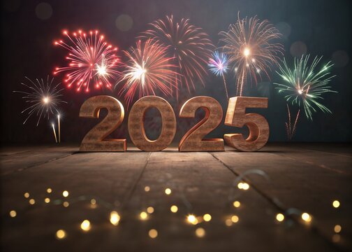 Happy New year with numbers 2025 with sparkling confetti particles scattered around and firework, City background
