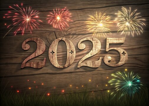 Happy New year with numbers 2025 with sparkling confetti particles scattered around and firework, City background