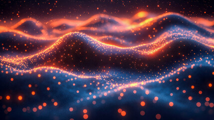 Poster - A vibrant and glowing digital landscape featuring flowing waves and sparkling lights in a futuristic design concept