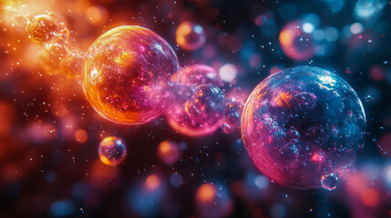 Poster - Abstract image showcasing glowing virus-like particles in vivid orange, pink, and blue hues, suspended in a dynamic cosmic atmosphere