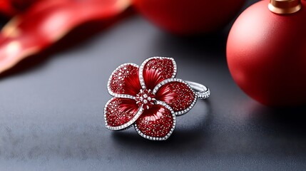 Red gemstone flower ring on dark background with red ornaments.