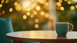 © Vasiliy - Coffee cup on wooden table with bokeh lights. Cozy lifestyle content