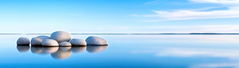 Poster - A serene landscape featuring smooth stones on a calm water surface, reflecting a clear blue sky and soft clouds.