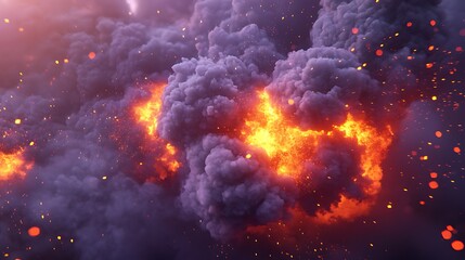 Poster - Detailed Animation of Explosion Effect with Fiery Oranges and Deep Reds Transitioning to Billowing Cloud of Purple and Gray Smoke