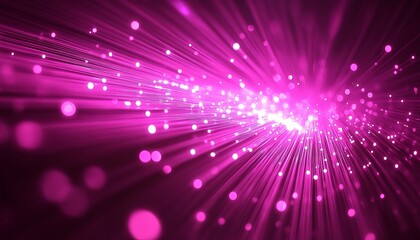 Poster - Abstract Pink Technology Background. Glowing Rays and Particles. High Speed Fiber Optic Network.