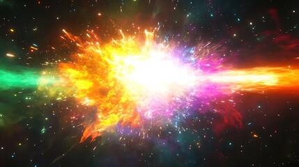 Poster - Bright Flash Explosion Followed by Spherical Shock Wave of Colorful Particles in Rainbow Colors