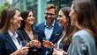 © miss irine - Professionals at networking event. Business people in suits. Enjoying drinks, socializing. Close-up view of group interaction. Collaboration, connections. Modern business gathering. Successful