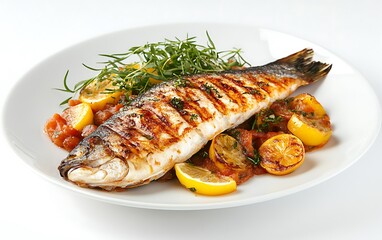 Wall Mural - Grilled sea bass with lemon, tomatoes, and herbs on a white plate.