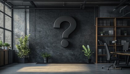 Poster - Sleek office space with a prominent question mark, symbolizing the looming uncertainty and unpredictability in business strategies