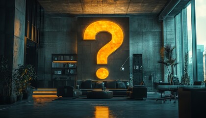 Poster - Futuristic office with a large question mark, symbolizing the uncertainty and unknowns of navigating future business landscapes
